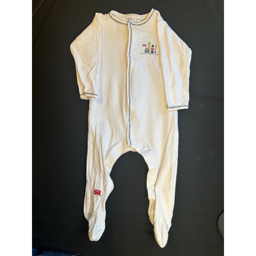 magnolia baby 9m one piece white london england embroidered footie